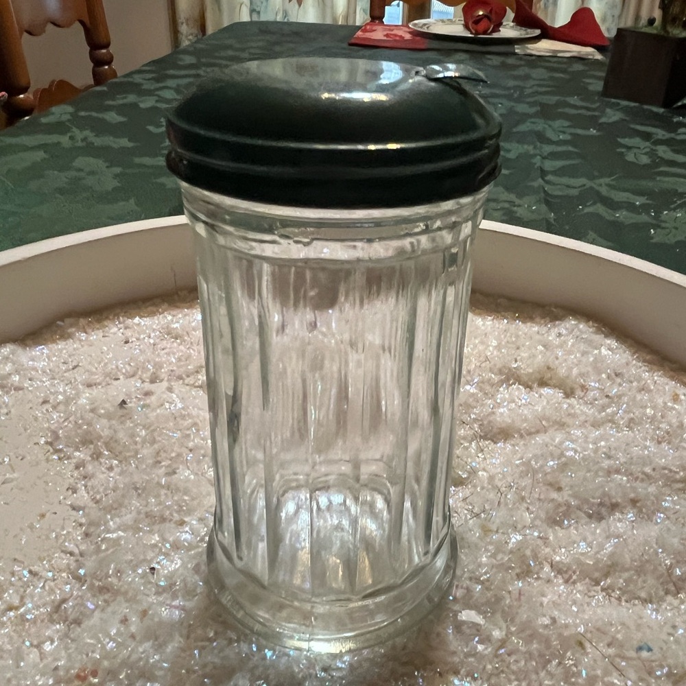 Glass Sugar Dispenser with Green Lid. Vintage!